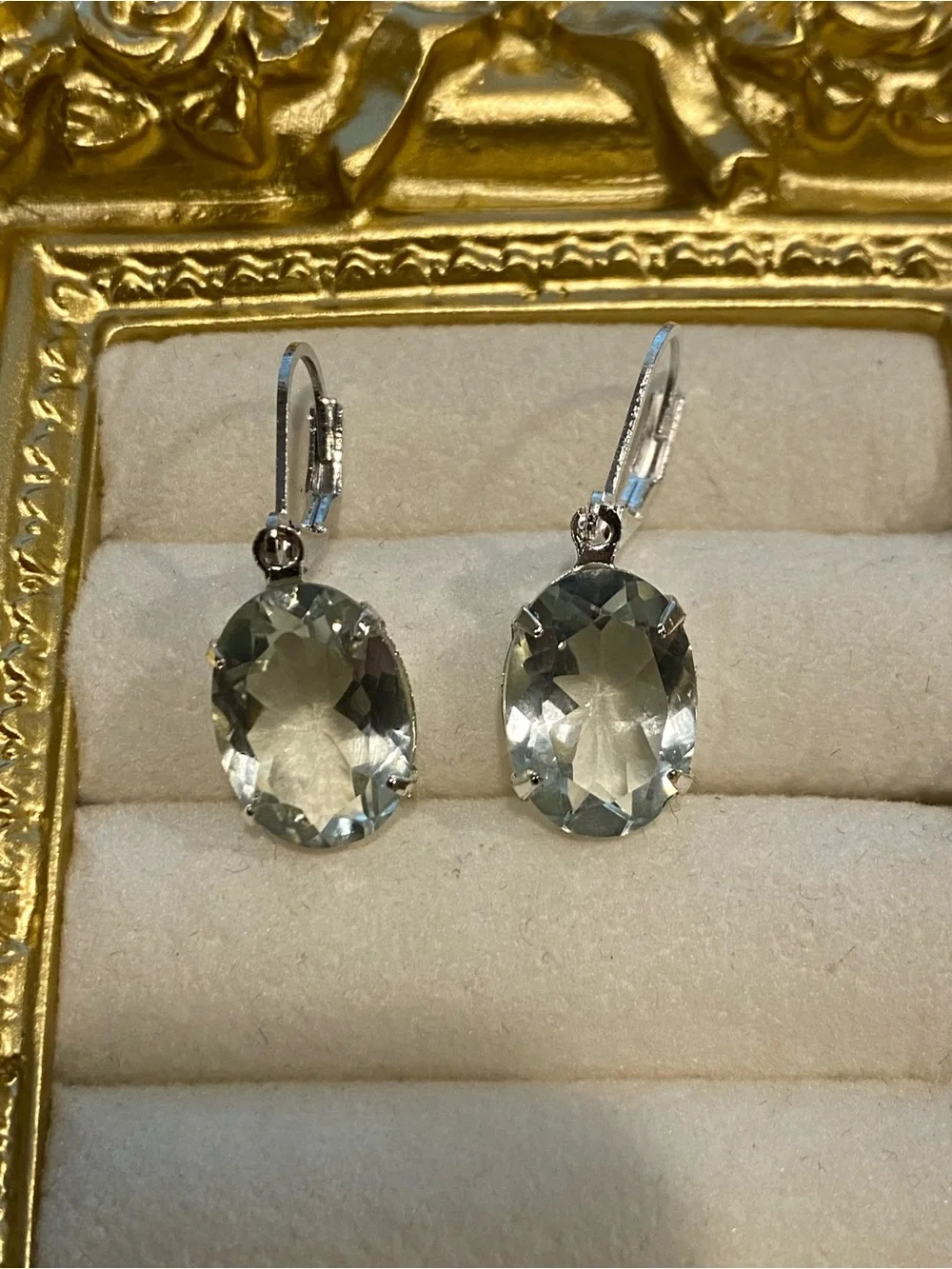 Silver Green Amethyst Oval Drop Earrings